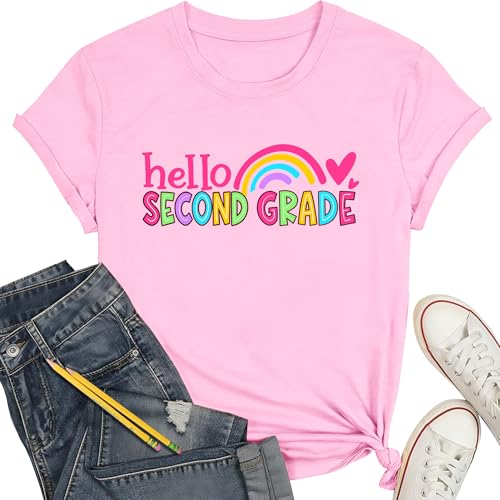 NQIQO Hello 2nd Grade Teacher Shirts Women First Day of School Tee Pink L