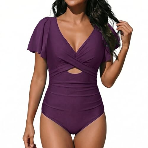 SNUOEN Damen Badeanzug Bauchweg Rüschen One Piece V Ausschnitt Badebekleidung Push up Hoch Monokini mit Bauchkontrolle Swimsuit Cross Swimwear