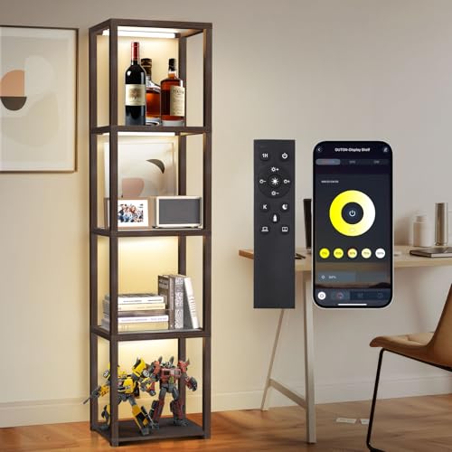 OUTON 170cm Vitrina de Vidrio con Luces, Lámpara de Pie LED Regulable con Mando a Distancia y Control por App, Estantería Abierta para Coleccionables para Sala de Estar y Dormitorio, Marrón