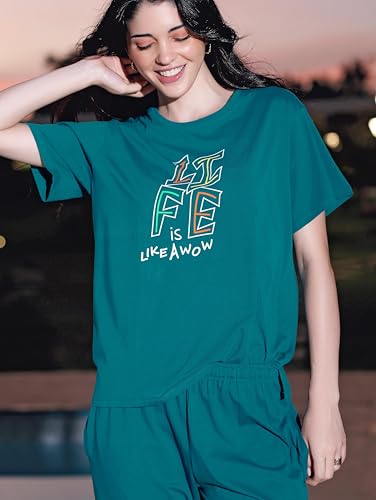Image of ZEYO Night Suit for Womens Typography Printed Cotton Night Dress of Top and Wide Bottom Pyjama