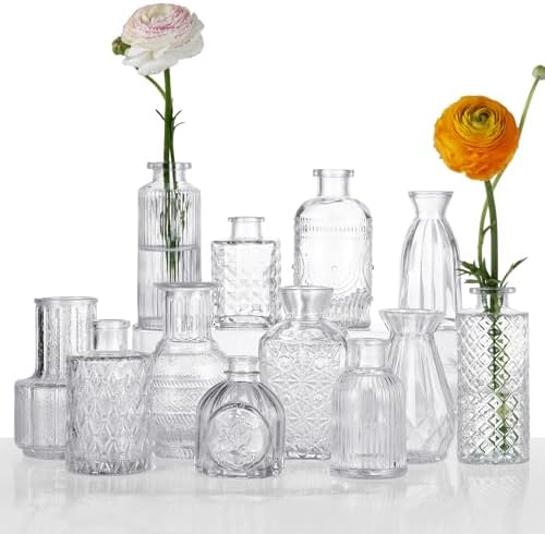 Glass Bud Vases Set of 12, Vintage Textured Clear Glass Vases, As...