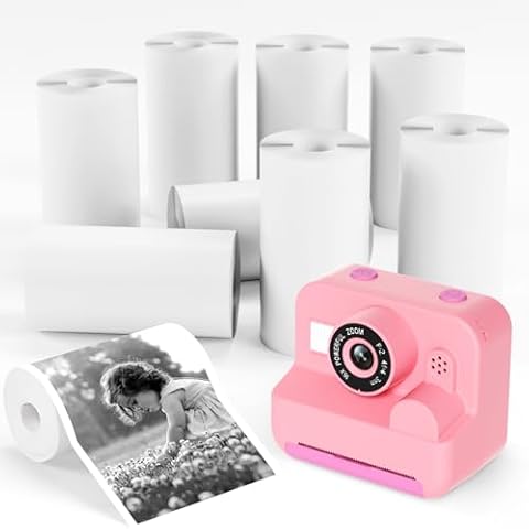 Kids Instant Print Camera Pink + 9 Rolls of Printable Photo Paper Cover