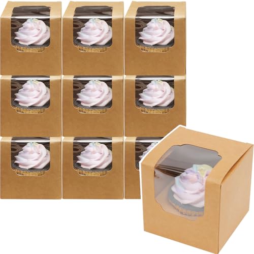 Gcardist Brown Cupcake Boxes Individual Cupcake Container 15Pcs 8.9x8.9x8.9cm Auto-Pop up Single Cupcake Boxes (15 Boxes+15 Inserts 3.5x 3.5x 3.5)