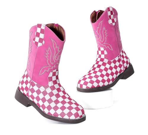 kkdom Girls Cowgirl Boots Mid Calf Square Toe Western Boot for Kids Glitter Cowboy Boot Riding Shoes for Toddler Little Big Girls - Main Image