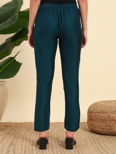 Image of Vogaan Women's Cotton Silk Pant | Half-Elasticated Waist Slim Fit Trouser for Women | Casual Pocket Pants for Office Formal Daily Use