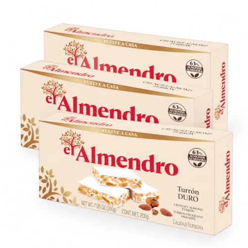 El Almendro Turrones, Turron Duro Nougat Candy, Crunchy Almond Torrone From Spain, Traditional Spanish Brittle, Dessert, Gluten Free, 3 Pack, 7.05 oz each.