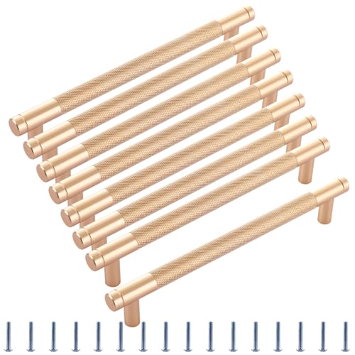 MEIDIV 8PCS 158mm Gold Kitchen Handles, Hole Spacing 128mm Gold Wardrobe Handles, T Bar Handle for Cupboard Wardrobe Cabinet Door