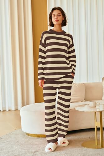 Image of SENSERISE Womens Striped Set Sweater Lounge Sets | Pajamas Set, Loungewear Set, Oversized Knit Sweater, Wide Leg Pants with Pockets, Fall Outfits, Pants Set
