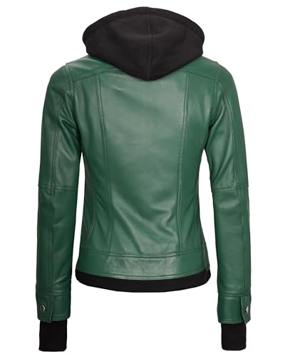 Image of Womens Leather Jacket with Detachable Hood - Real Lambskin Bomber Jacket Thumbholes Women
