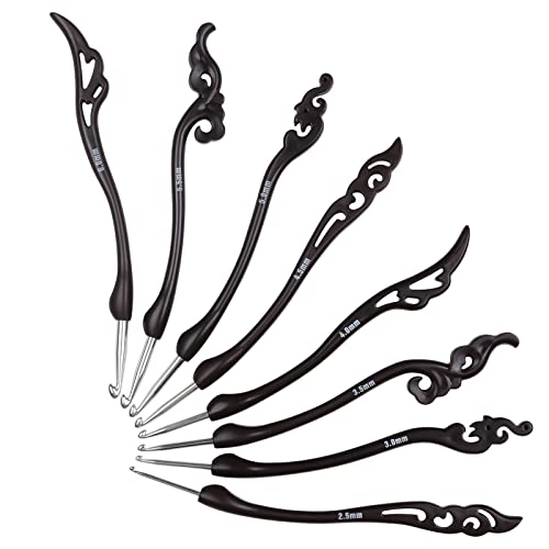 Aeelike Vintage Dunkelbraun Häkelnadel Set für Arthritische Hände, 8 Stück Ergonomische Häkelnadeln Einzigartig Lang Griff, 2,5-6 mm Gebogene Häkelnadeln Set für Anfänger, Kinder, Erwachsene, Profis Cover
