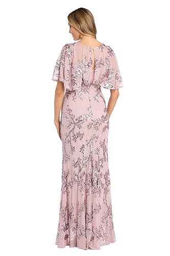 Image of R&M Richards Women's Long Beaded Floral Gown W /Sheer Capelet & Flutter Sleeves - Cocktail Party Evening Style