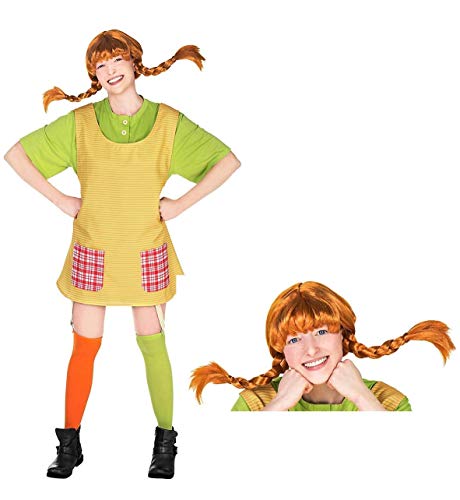 Costume Pippi femme 5 pièces avec t-shirt tablier bas et perruque pour carnaval