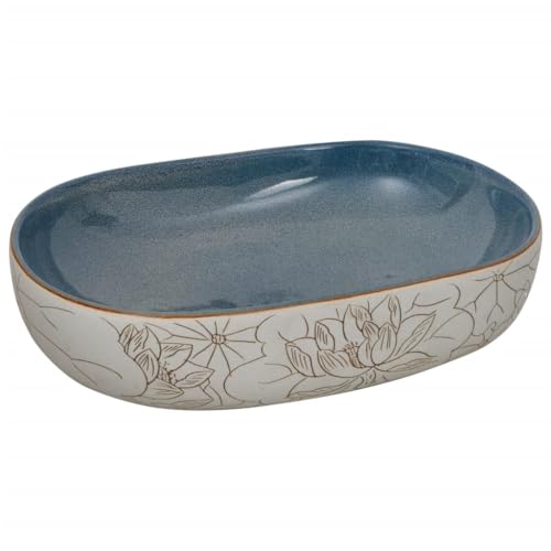 vidaXL Vasque à Poser, Évier de Salle de Bain avec Trou de Vidange, Lavabo avec Motifs Toilette Salle d'eau, Sable et Bleu Ovale 59x40x14 cm Céramique
