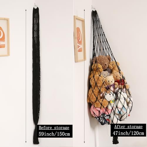 Image of Amdermi Stuffed Animal Hammock Corner Hanging Net for Stuffy Animal Storage Macrame Toy Display Plushie Toy Holder-Perfect for The Tiny Space Walls, Kid Bedroom Decor Playroom Organizer (Black)