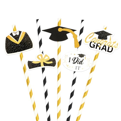 24 pitillos de papel para graduación negro y dorado miniatura 1