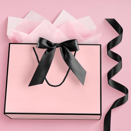 Image of JMANNI Gift Bags with Handles, 11'' Small Gift Bag for Presents, 2 Pcs Bags with 4 Tissue Paper and 2 Cards for Graduation Baby Shower Wedding Bridal Shower Mother's Day Birthday Party (Black-Pink)