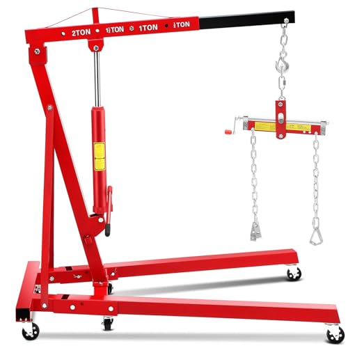 EliteEdge 2 Ton Folding Hydraulic Engine Hoist with Lever - 4400 Lbs Cherry Picker Shop Crane, Hydraulic Engine Lift with Telescopic Boom, 6 Casters for Garage, Workshop, Auto-Repair, Heavy Duty, Red