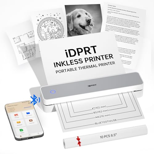 iDPRT Portable Thermal Printers Small Compact Inkless Wireless Printer for Home, Office & Vehicles, 300DPI, Support 8.5" x 11" Length US Letter A4&A5 Size, for Smartphone, PC, Black White Pr