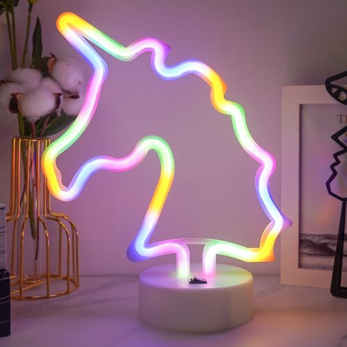JEMESI Lumière Néon Licorne, Lumière LED Licorne, Batterie/USB, Lumières Néon avec Socle pour Chambre, Lumières de Nuit pour Chambre, Fête, Mariage, Anniversaire