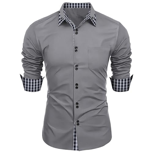 Camisa casual de talla grande para hombre, estilo cárdigan de manga larga con solapa para primavera y otoño, ajuste cómodo para hombres altos, gris, XL
