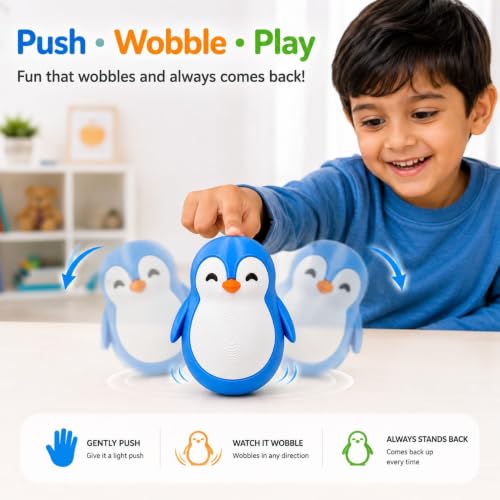 Image of Penguin Roly-Poly Toy, Wobble and Tumble Stress Relief Fidget, Fun Desk Toy for Kids and Adults (Sky Blue)