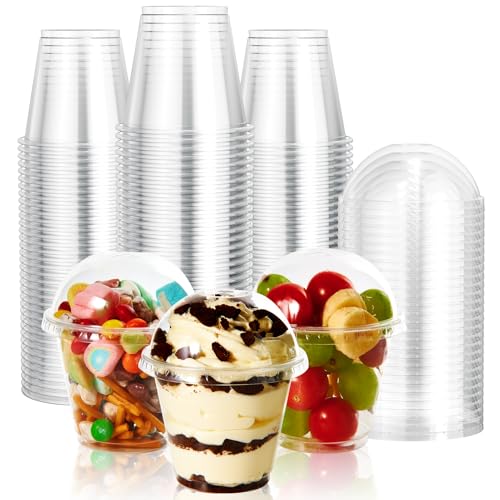 Vplus 200 Pack 9 OZ PET Plastic Cups with Dome Lids Crystal Disposable Plastic Cups For Parfait Fruit Desserts Snacks Yogurt and Jelly