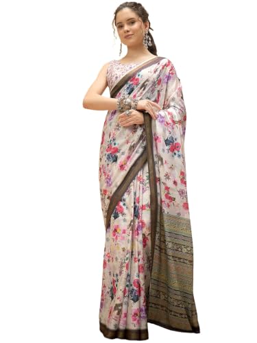 Image of Satrani Women's Floral Printed Silk Saree with Unstitched Blouse