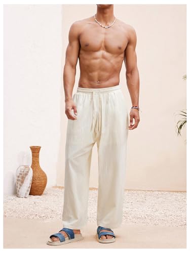 SHENHE Men's Straight Leg Pants Low Rise Drawstring Elastic Waist Loose Linen Pants with Pockets3