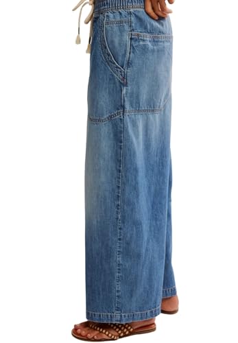 Women Barrel Jeans Casual Wide Leg Baggy Elastic Mid Rise Boyfriend Y2k Loose Denim Pants with Drawstring4