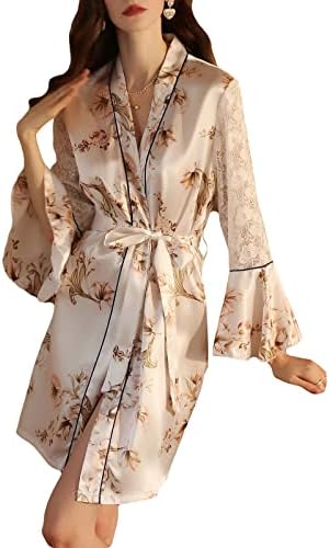 Rubruan Womens Short Floral Satin Robes Ruffle Lace Mesh Long Sleeve Bathrobe Sexy Bridesmaid Silk Nightgown