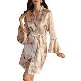 Rubruan Womens Short Floral Satin Robes Ruffle Lace Mesh Long Sleeve Bathrobe Sexy Bridesmaid Silk N