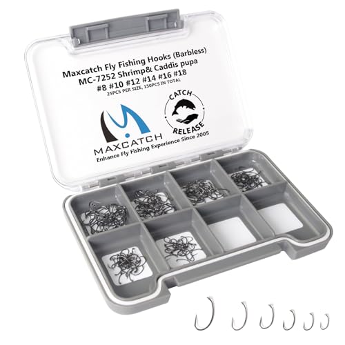 Maxcatch 100pcs Barbless Fly Fishing Hooks for Fly Tying Dry Nymph Wet Shrimp Jig Hook with Mini Box (Set: Shrimp&Caddis pupa Fly Hook (Barbless), #8- #18 (6 Sizes)-150pcs)