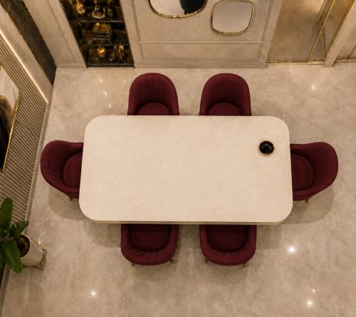 Image of 6 Seater Dining Table Set with Nano Composite Marble Top, Solid Wood Base & 6 Upholstered Chairs, Modern Dining Table Set for Home & Dining Room Furniture (Maroon, White Marble Top, 6 Seater)
