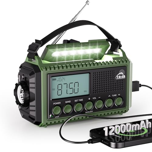 Mesqool Portable Wind Up Hand Crank and Solar Powered Radio with USB Phone Charger Emergency Radio with SOS Alarm and Flashlight AM/FM/SW Radio with 12000mAh Rechargeable Battery for Outdoor
