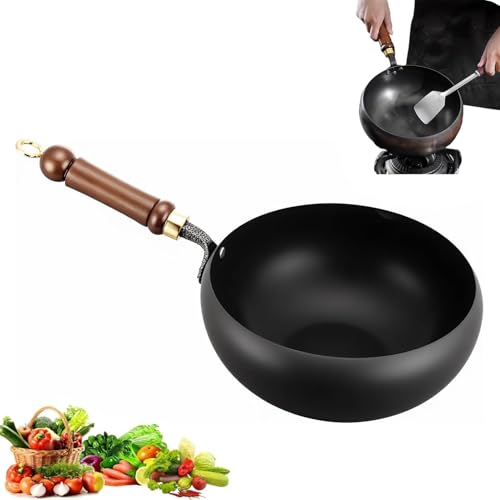 古代製法 鉄製中華鍋 大きな腹鍋 鉄鍋 油ハネ防止設計 無塗層 高温精錬 フライパン ノンスティックフライパン 高速熱伝導率 適度な体重 ガス・IH対応 プロ仕様 家庭用フライパン 炒め鍋 (中華鍋+蓋なし, 24cm)