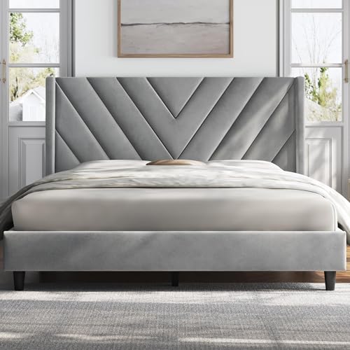 Yaheetech Queen Upholstered Bed with Wing Sides