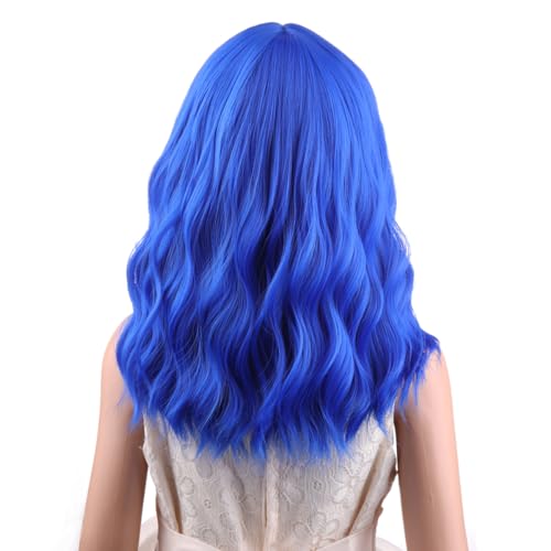 Image of PATTNIUM Dark Blue Wig Kids Child Wig Short Curly Wavy Wig Blue Wig for Kids Dark Blue Wig with Bangs Synthetic Hair Girls Wig (Dark Blue)