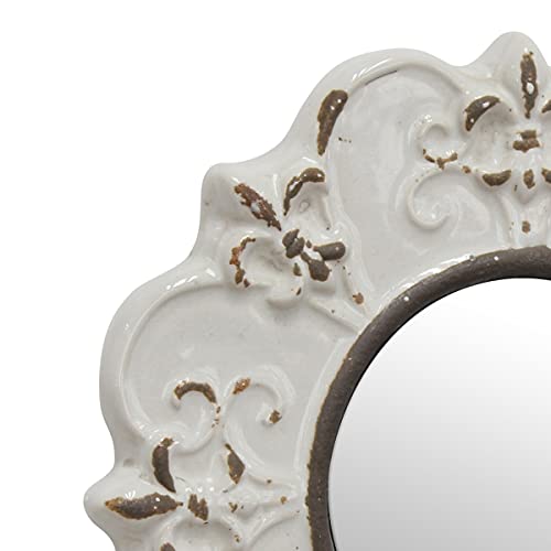 Stonebriar Decorative 8" Antique White Round Ceramic Accent Wall Mirror #TOP3