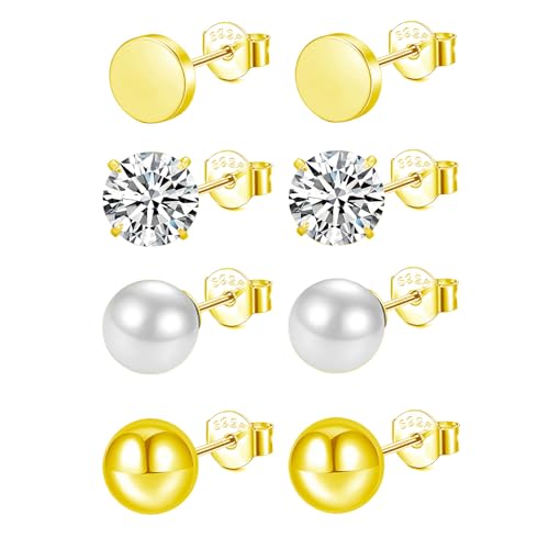Hinvan Lots de 4 Paires Boucles d'oreilles Femme en Argent 925 Plaqué Or 18K Boucles d'oreilles Boules Perles Boucles d oreilles Diamant Zirconium Rond Clous d'oreilles Or Hypoallergénique
