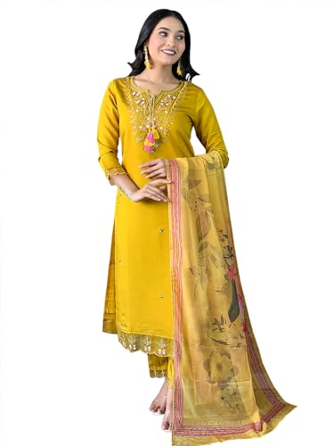 Image of Naixa Women's Mustard Chanderi with Cotton Lining Embroidered Straight Kurta with Chanderi Silk Pant and Crep Silk Printed Dupatta Sets (NX2-556)
