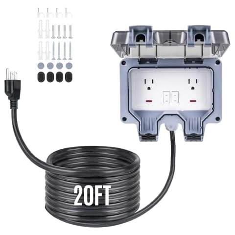 PJERJZN Outdoor Power Outlet 15A 110V with 10/20/33ft Extension Cord IP66 Waterproof, IK08 & UL1363-2018 Certified Outdoor Outlet Extender for Garden Garage Patio (20FT) Cover