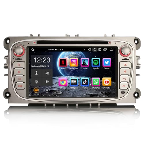 Erisin 8-Core 7' Android 14 4GB+64GB GPS Navegación DVD Estéreo de Automóvil Reproductor para Ford Mondeo Focus S-MAX C-MAX Galaxy Soporta Bluetooth 5.0 Dab+ Wireless CarPlay Android Auto WiFi DSP