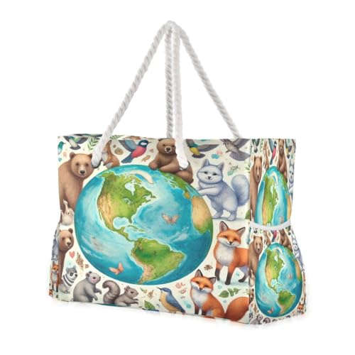 Earth Cute Blue Beach Tote Bag for Women Beach Bags Waterproof Swim Pool Bag Extra Large Travel Tote Bags with Zipper for Vacation Essentials Nurse Gym Grocery Yoga