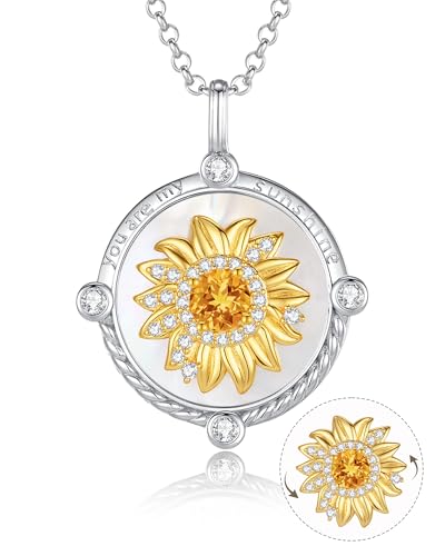 FANCIME Sunflower necklace Sterling Silver Spinning Anxiety Pendant for anti-stress, You Are My Sunshine Mother of pearl Jewelry Birthday Christmas Gifts for Women Wife Her