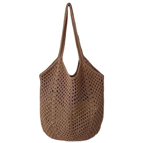 Bolsa feminina de crochê para praia, cáqui, ráfia, bolsa de crochê de malha estética para viagens, férias, encontros, compras, crochê