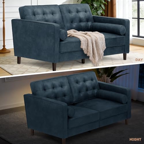 Image of 67 inch Suede Leather 2 Seater Sofa with Two Bolster Pillows, Blue | Tufted Sofa with Wooden Legs, Mordern Couch for Living Room, Office, Apartment