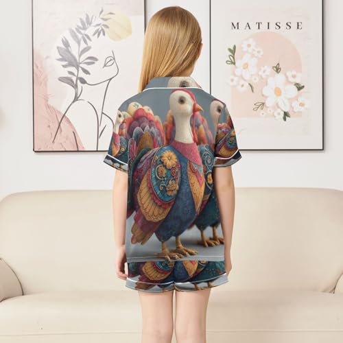 Satin Pajama Sets Short Sleeve Colorful Feathers Turkeys Button Down Silky Nightwear 2 Piece PJS 5-14Y4