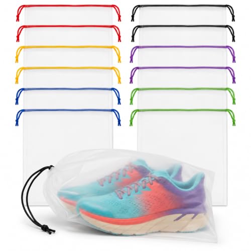 Shoe Bags for Travel 12 Pack Clear Drawstring Organizers Waterproof PE Plastic Pouches for Packing Shoes Toiletries Cosmetics Gym Clothes Wet Swimsuits