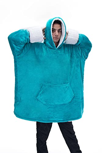 Mintra Home Oversized Microfiber Wearable Blanket with Sherpa, Snuggies for Women & Men, Full Sleeves Hooded Blanket (Light Green, X-Large)