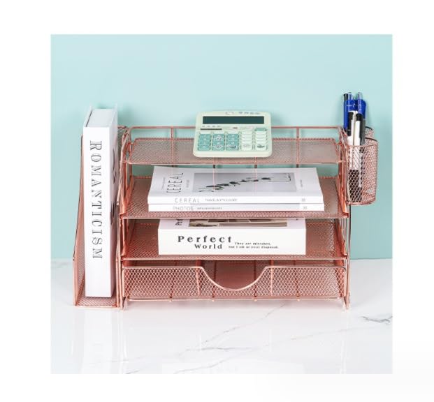 Organizzatore Scrivania OPNICE Desk Organizers And Accessories, Organizer with Drawer, 4-Tier Paper Tray with 2 Pen Holders + File Holder, Office for Supplies(Rose Gold) Ufficio(A)